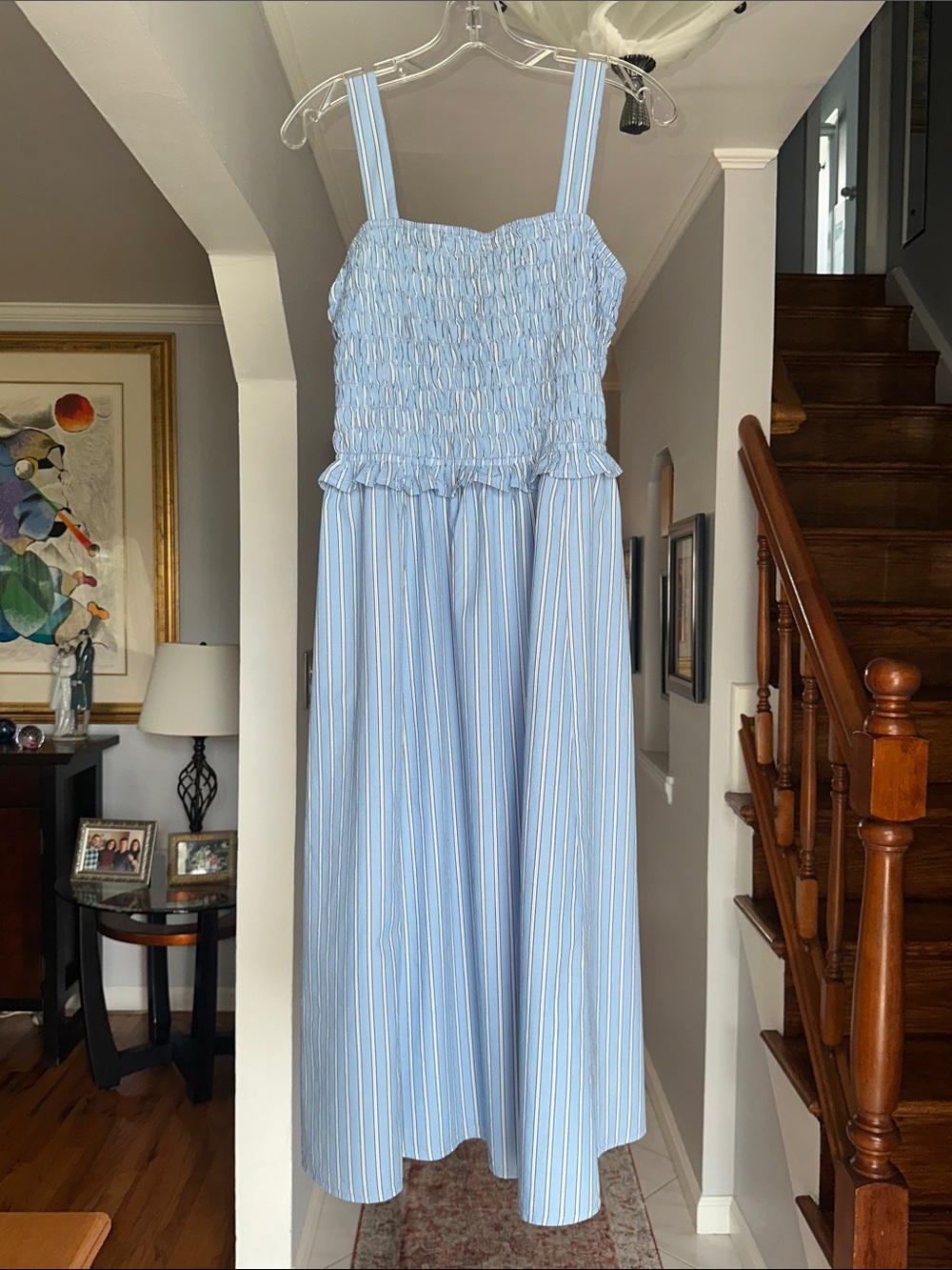 NWT Old Navy Light Blue Striped Fit & Flare  Smocked Bodice Midi Dress Sz S